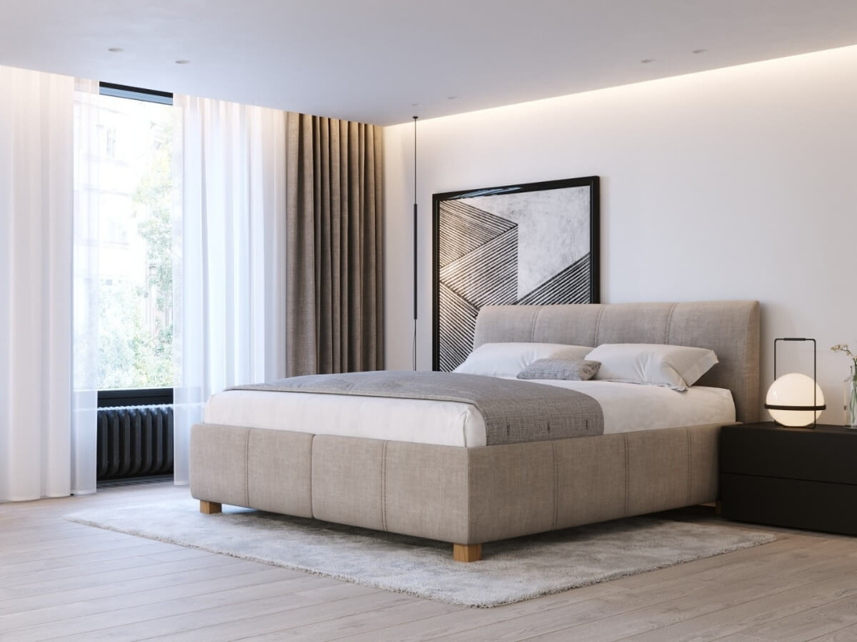 Spálňa so sivou čalúnenou posteľou Fokus.