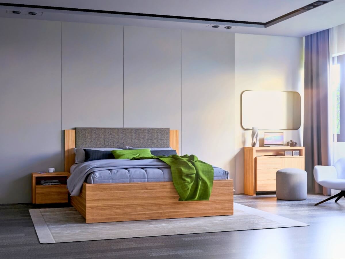 Čalúnená posteľ Mira Maxim s pastelovými doplnkami.