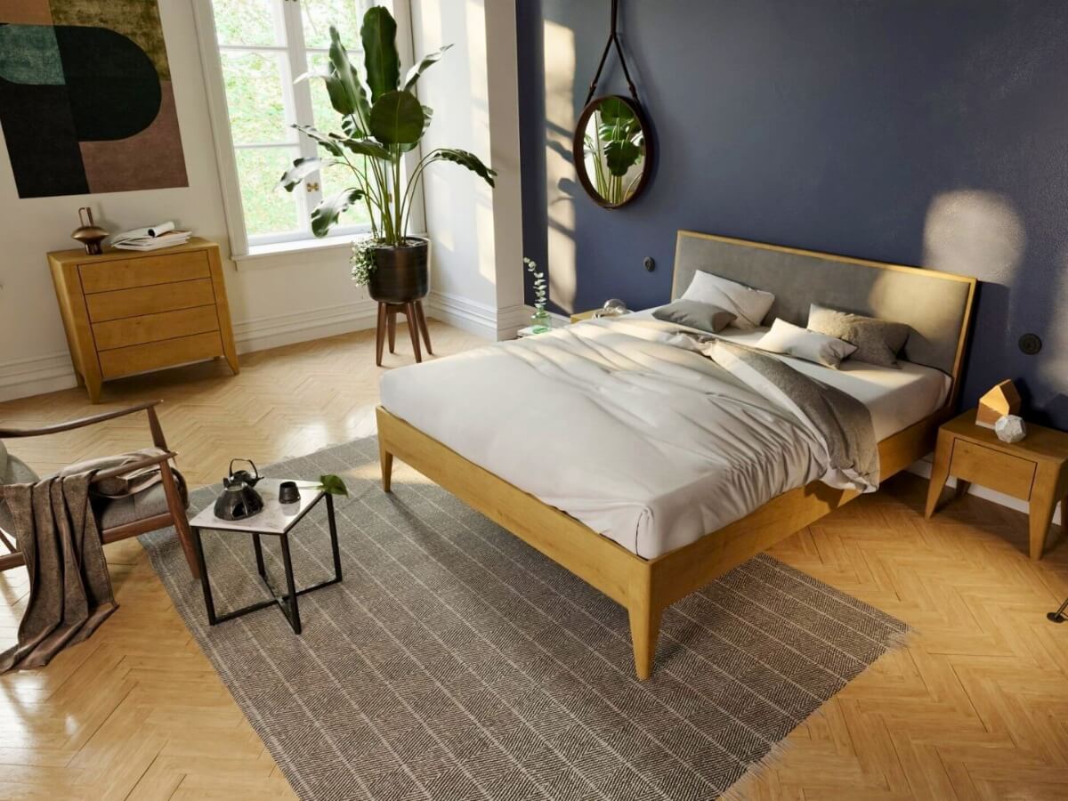 Čalúnená posteľ Harmony v neutrálnych farbách.