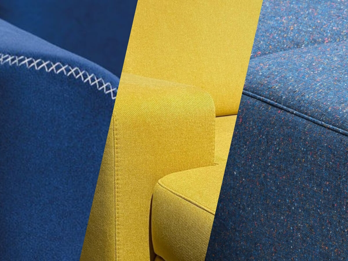 Ukážky troch rôznych farebných a textúrovaných látok.